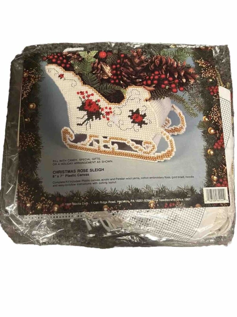 Bucilla-Christmas Rose Sleigh 8" x 7" Needlepoint Plastic Canvas Kit #61141 Read
